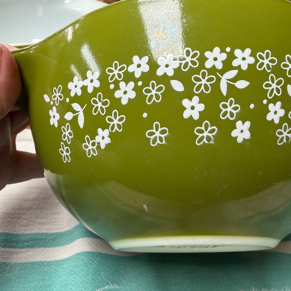 Crazy Dazy Pyrex Olive Green Bowl with White Floral Pattern
